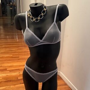 Sheer Lace-Trim Bralette & Bikini Set in Light Gray